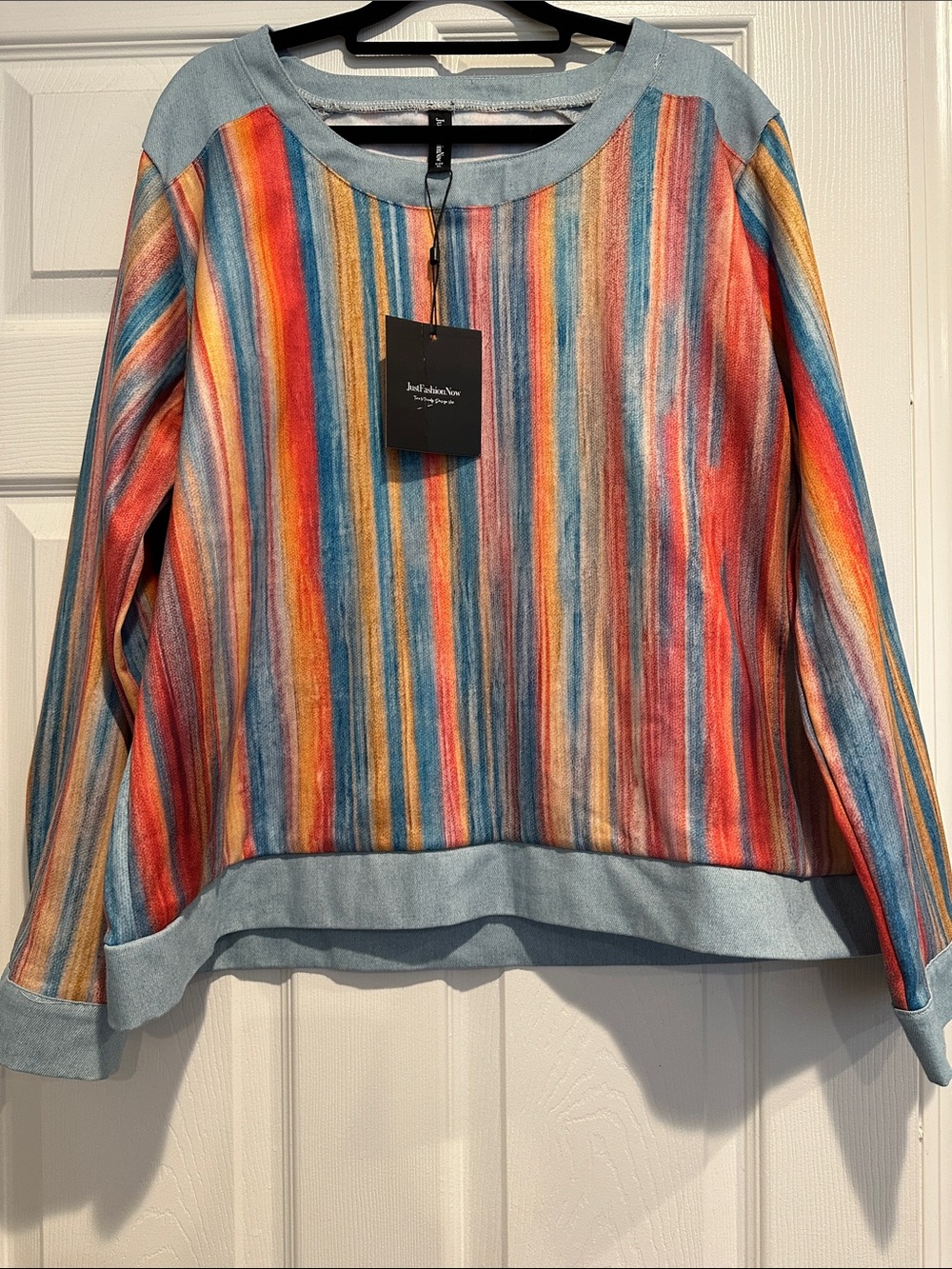 Colorful Vertical Stripe Pullover with Light Blue Trim